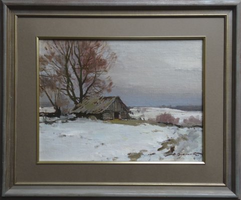 Alfejs Bromults, Winter in the Village, Oil on Canvas and Cardboard-FNC-1800159