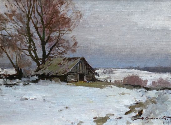 Alfejs Bromults, Winter in the Village, Oil on Canvas and Cardboard-FNC-1800159