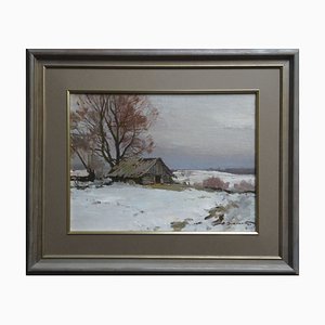 Alfejs Bromults, Winter in the Village, Oil on Canvas and Cardboard-FNC-1800159