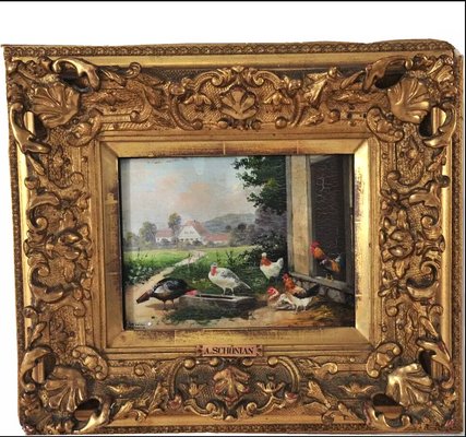 Alfred Schönian, Chicken Farm, 1890s-1910s, Oil Painting-QOR-2023451