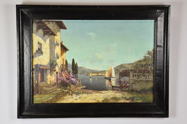 Alfredo Caldini, Villa at the Italian Riviera, 1960s, Oil on Canvas, Framed-CJU-1763163