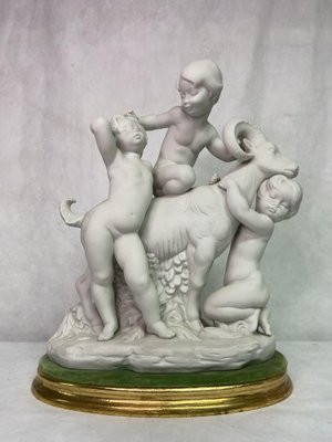 Allegorical Group of Children Playing with Goat in Biscuit Porcelain by Lladró-GOA-1734029