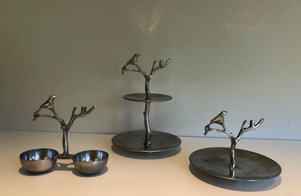 Aluminum Service Pieces with Bird Decorations and Branches, 1970s, Set of 3-BA-1458014