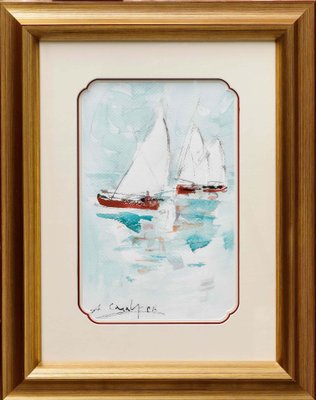 Amadeu Casals, Landscape with Sailboats, Watercolor on Paper, Framed-PTH-1348138