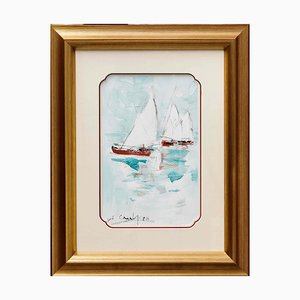 Amadeu Casals, Landscape with Sailboats, Watercolor on Paper, Framed-PTH-1348138