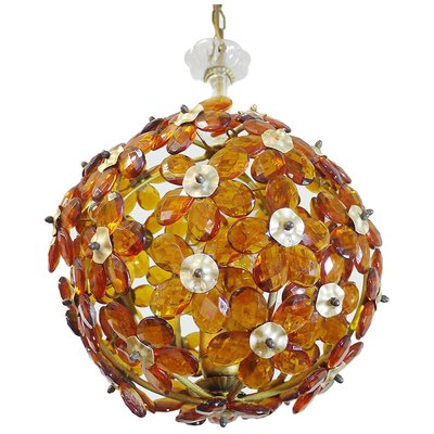 Amber and Brass Chandelier with Crystal Flowers from Maison Bagues, 1950s, France-DEK-932539