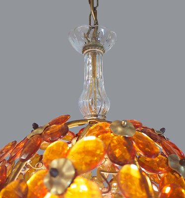 Amber and Brass Chandelier with Crystal Flowers from Maison Bagues, 1950s, France-DEK-932539