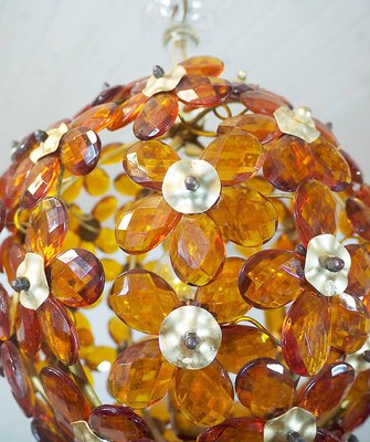 Amber and Brass Chandelier with Crystal Flowers from Maison Bagues, 1950s, France-DEK-932539