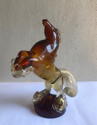 Amber and Transparent Murano Glass Prancing Horse Sculpture with Gold Leaf by Archimede Seguso for Seguso Vetri d'Arte, 1940s-ECV-653029