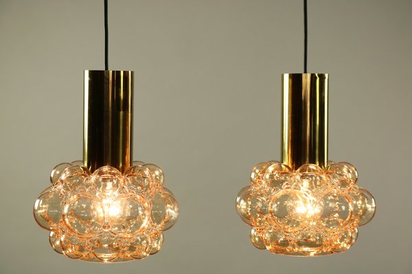 Amber Bubble Glass Pendant Lamps by Helena Tynell for Limburg, 1960s, Set of 2-FUP-657364