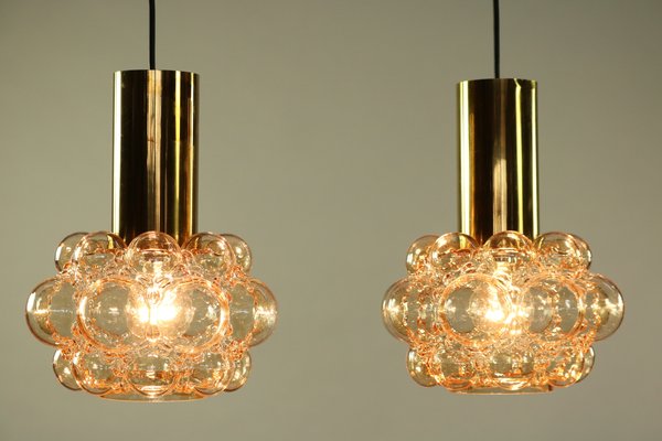 Amber Bubble Glass Pendant Lamps by Helena Tynell for Limburg, 1960s, Set of 2-FUP-657364