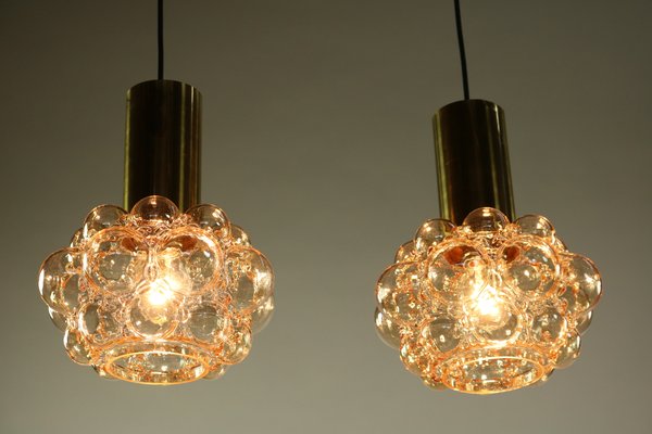 Amber Bubble Glass Pendant Lamps by Helena Tynell for Limburg, 1960s, Set of 2-FUP-657364