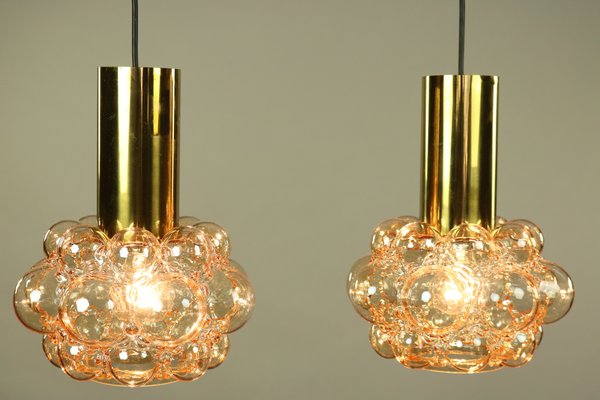 Amber Bubble Glass Pendant Lamps by Helena Tynell for Limburg, 1960s, Set of 2-FUP-657364