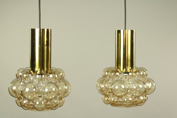 Amber Bubble Glass Pendant Lamps by Helena Tynell for Limburg, 1960s, Set of 2-FUP-657364