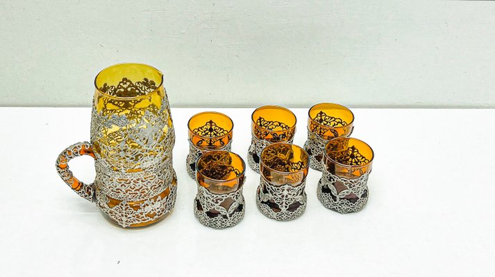 Amber Glass Jug with Matching Glasses and Metal Detailing attributed to Ioannina, Greece, 1960s, Set of 7-WZZ-2021725