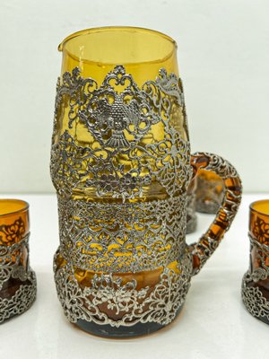 Amber Glass Jug with Matching Glasses and Metal Detailing attributed to Ioannina, Greece, 1960s, Set of 7-WZZ-2021725