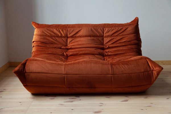 Amber Orange Velvet Togo 2-Seater Sofa by Michel Ducaroy for Ligne Roset-IXA-1798962