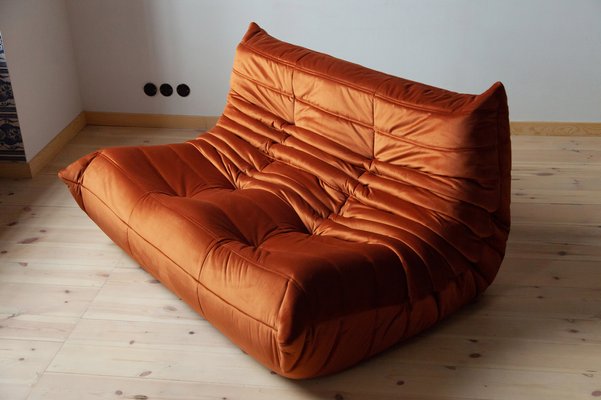 Amber Orange Velvet Togo 2-Seater Sofa by Michel Ducaroy for Ligne Roset-IXA-1798962