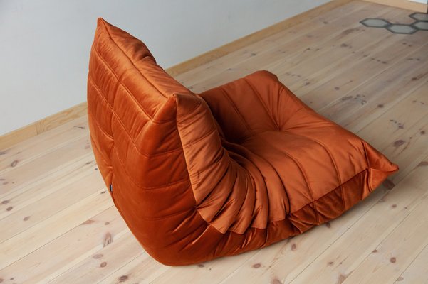 Amber Orange Velvet Togo Lounge Chair and Pouf by Michel Ducaroy for Ligne Roset, Set of 2-IXA-947615