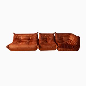 Amber Orange Velvet Togo Lounge Chair, Corner Chair and 2-Seat Sofa by Michel Ducaroy for Ligne Roset, Set of 3-IXA-692503