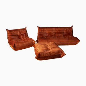 Amber Orange Velvet Togo Lounge Chair with Pouf and 3-Seat Sofa by Michel Ducaroy for Ligne Roset, Set of 3-IXA-1798964