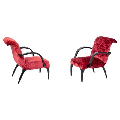 American Red Velvet Damask and Wood Armchairs by Gilbert Rohde, Set of 2-RCE-1099537