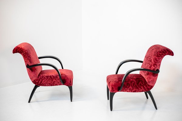 American Red Velvet Damask and Wood Armchairs by Gilbert Rohde, Set of 2-RCE-1099537