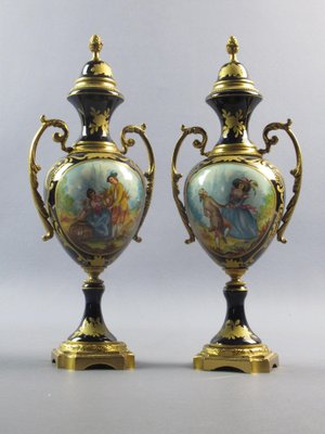 Amphora Vases in Porcelain and Golden Bronze, France, 1940s, Set of 2-PWG-1750098