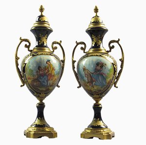 Amphora Vases in Porcelain and Golden Bronze, France, 1940s, Set of 2-PWG-1750098