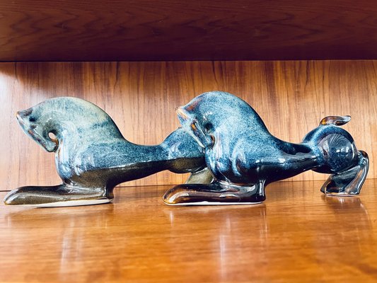 Andalusian Ceramic Horses in Blue Vidriada, Spain, 1970s, Set of 2-HDF-1725438