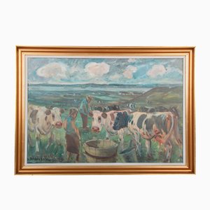 Anders Hune, Cows in the Field, Acrylic & Oil on Canvas, Framed-DQ-1316890