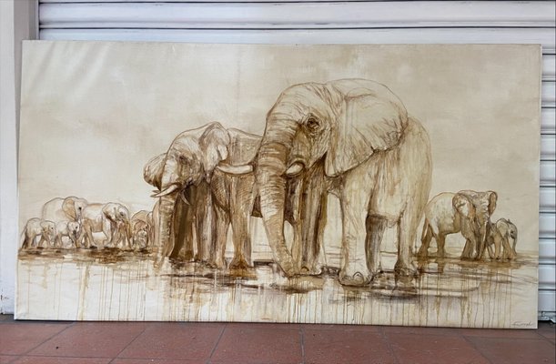 André Ferrand, Painting of Elephants, 1998, Oil on Canvas, Framed-ICD-1316992