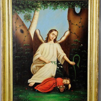 Angel with Sleeping Child, 20th-century, Oil on Canvas, Framed-KJP-1149418