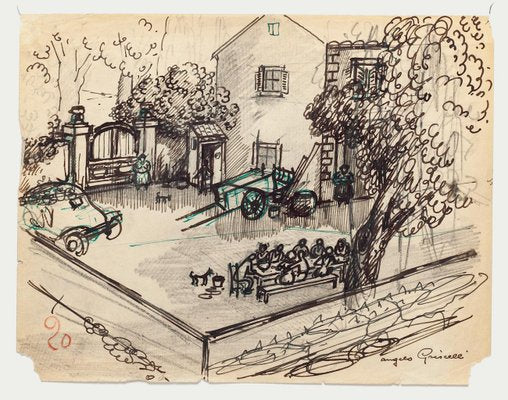 Angelo Griscelli, Lunch in the Countryside, 20th Centrury, Original Drawing-ZCI-792544