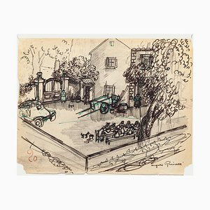 Angelo Griscelli, Lunch in the Countryside, 20th Centrury, Original Drawing-ZCI-792544