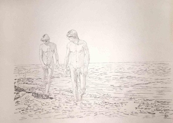 Anthony Roaland, Two Friends Walking on the Beach, Original Pencil Drawing, 1981-ZCI-1380168