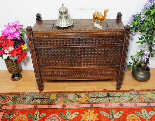 Antique 19th Century Cedar Wood Treasure Dowry Chest, Afghanistan, 1890s-UZN-1389274