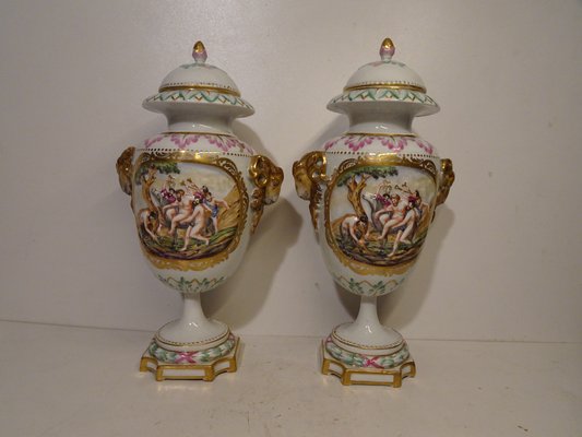 Antique 19th Century Lidded Porcelain Urn Vases from Capodimonte, Italy, Set of 2-AWL-1332316