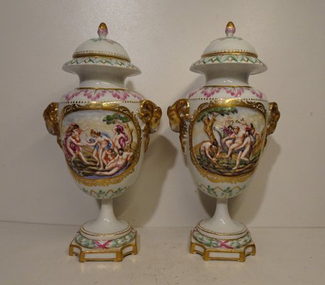 Antique 19th Century Lidded Porcelain Urn Vases from Capodimonte, Italy, Set of 2-AWL-1332316