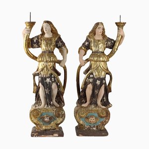 Antique Angel-Shaped Candleholders in Lacquered Wood, 18th Century, Set of 2-VMM-2023861