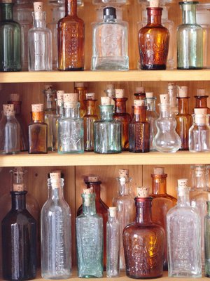 Antique Apotheque Wall Cabinet with Bottles, 1920s, Set of 55-IND-1736312