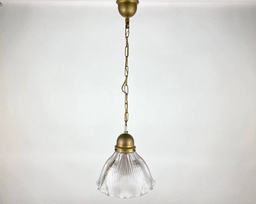 Antique Art Deco Holophane Clear Ribbed Glass Chandelier, 1910s-GYX-1342276