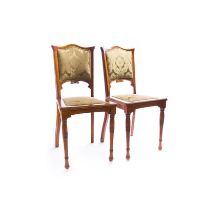 Antique Art Nouveau Beech, Mahogany & SIlk Jacquard Dining Chairs, 1890s, Set of 2-FSD-602576