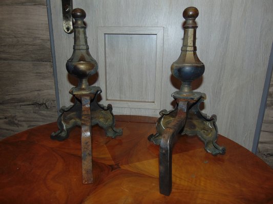 Antique Art Nouveau Brass Andirons, Set of 2-CAQ-574897