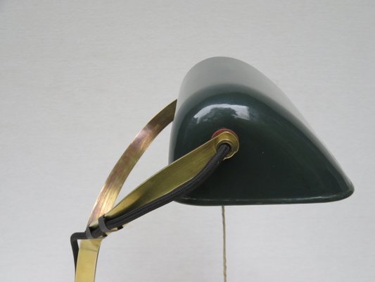 Antique Art Nouveau Enameled Brass Bankers Lamp with Dark Green Shade-EY-727772