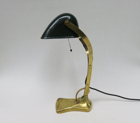 Antique Art Nouveau Enameled Brass Bankers Lamp with Dark Green Shade-EY-727772