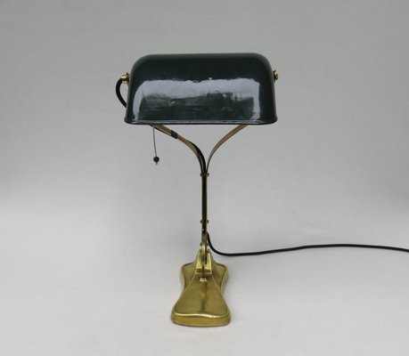 Antique Art Nouveau Enameled Brass Bankers Lamp with Dark Green Shade-EY-727772