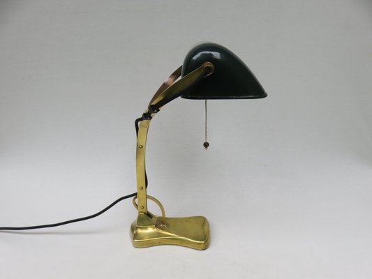 Antique Art Nouveau Enameled Brass Bankers Lamp with Dark Green Shade-EY-727772