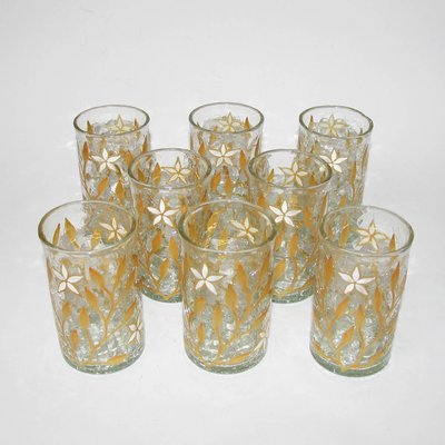 Antique Art Nouveau Gold & Enamel Painted Craquele Tea Glasses, Set of 8-YGE-590370