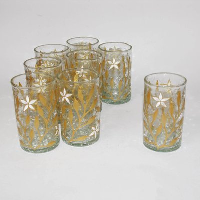 Antique Art Nouveau Gold & Enamel Painted Craquele Tea Glasses, Set of 8-YGE-590370